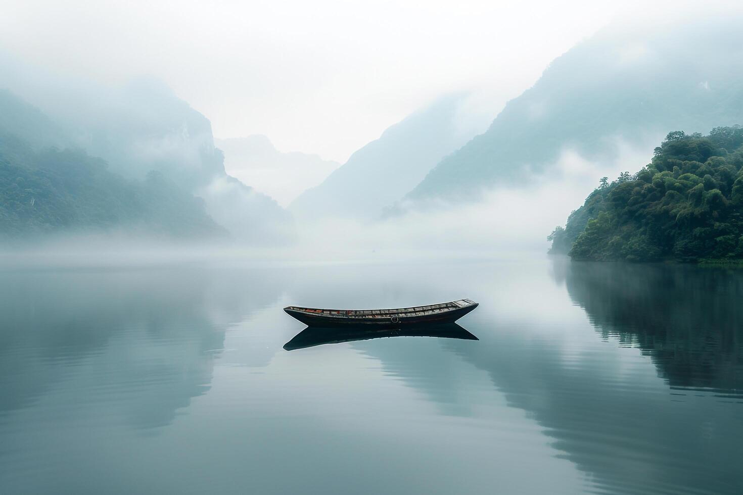Ethereal Foggy Morning on Serene Lake with MistCovered Mountains and Lone Boat nature background photo