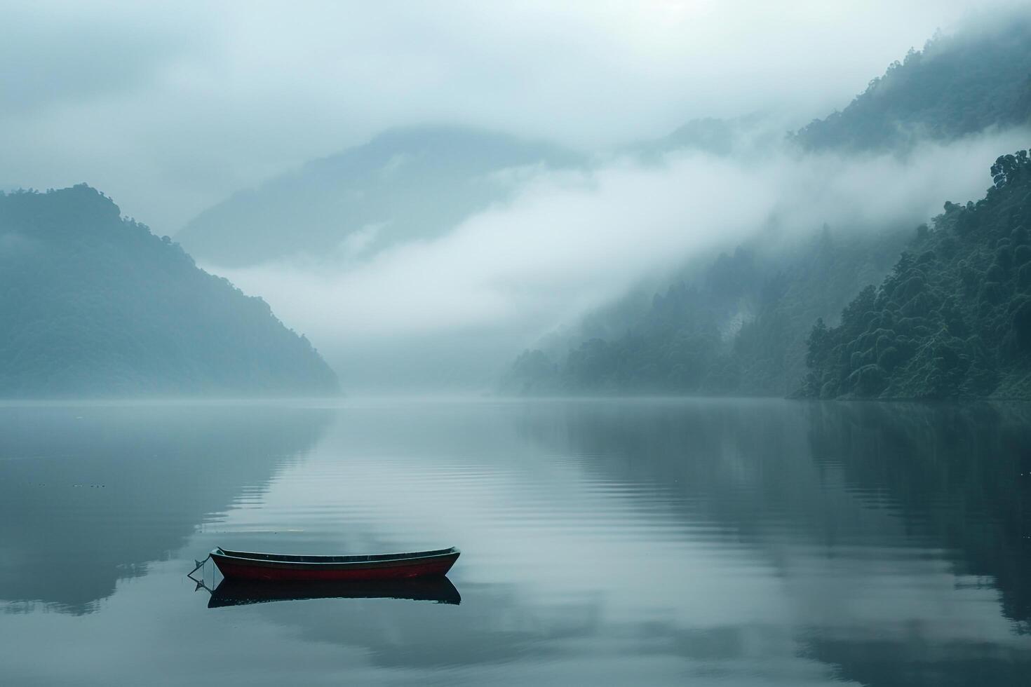Foggy Morning on Serene Lake Surrounded by MistCovered Mountains with Lone Boat Background Nature photo