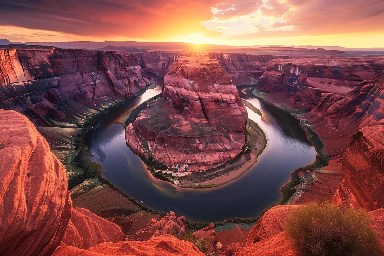 Majestic Grand Canyon with Rugged Cliffs and Winding River Under Fiery Sunset Background Nature photo