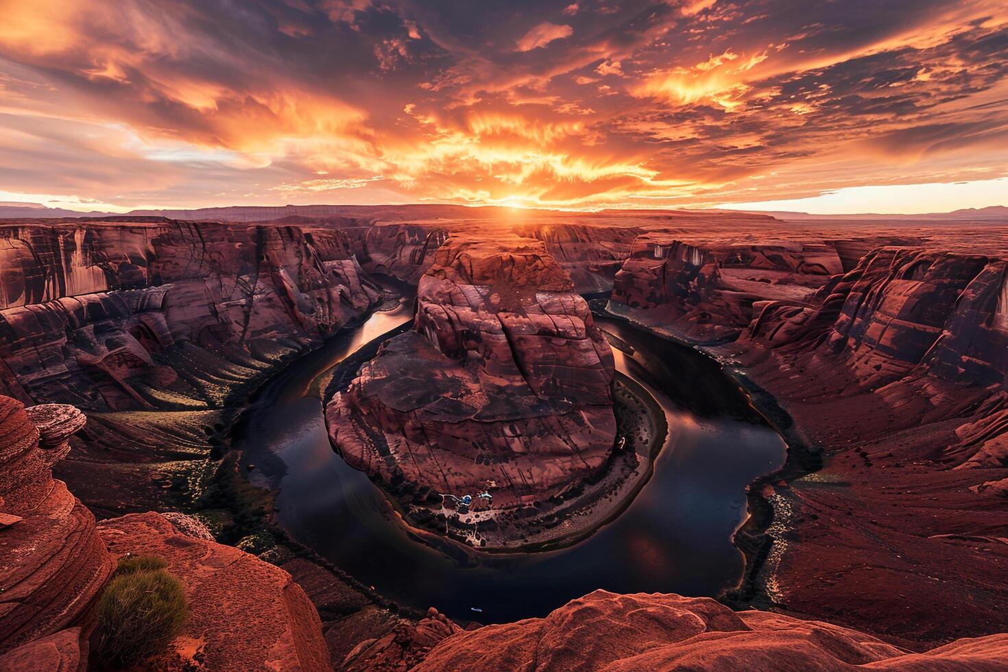 Rugged Grand Canyon with Meandering River Under Fiery Sunset Sky Background Nature photo