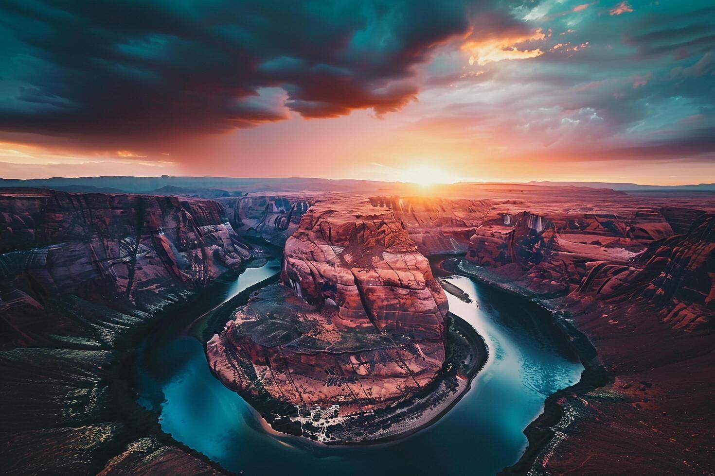 Majestic Grand Canyon with Rugged Cliffs and Meandering River at Sunset Background Nature photo
