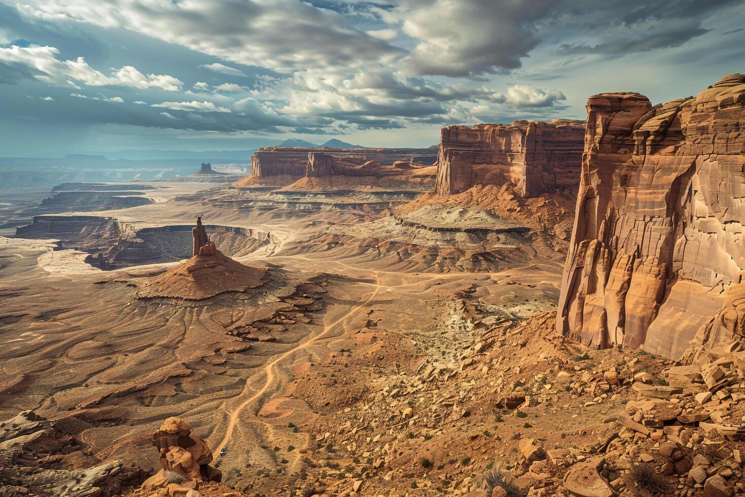 Vast Desert Landscape with Towering Rock Formations and Winding Canyon Under Dramatic Sky Background Nature photo