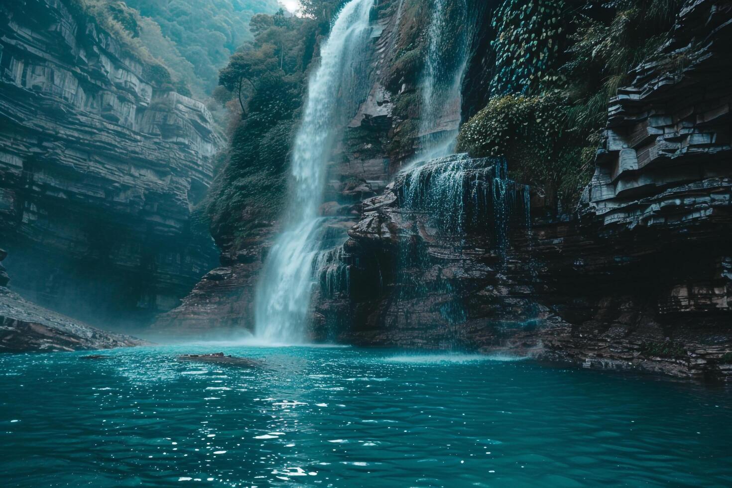 Stunning Waterfall Cascading Down Rocky Cliff into Turquoise Pool with Lush Surroundings Background Nature photo