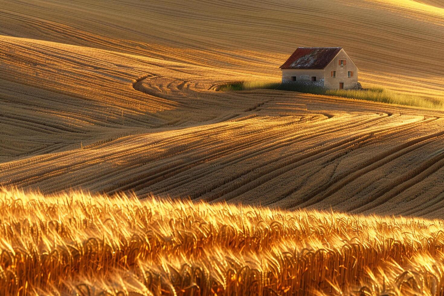 Inspiring  of Golden Wheat Field at Sunset with Long Shadows and Farmhouse Background Nature photo