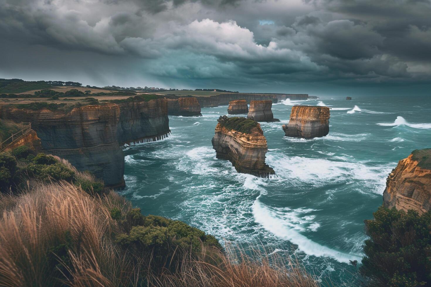 Stormy Coastline Panorama Towering Sea Stacks and Crashing Waves Background Nature photo