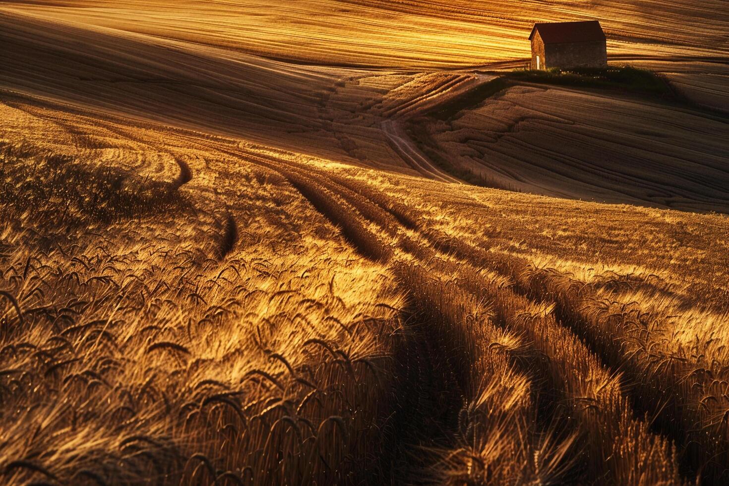 Sunset Over Golden Wheat Field with Long Shadows and Farmhouse Inspiring nature background Panorama photo