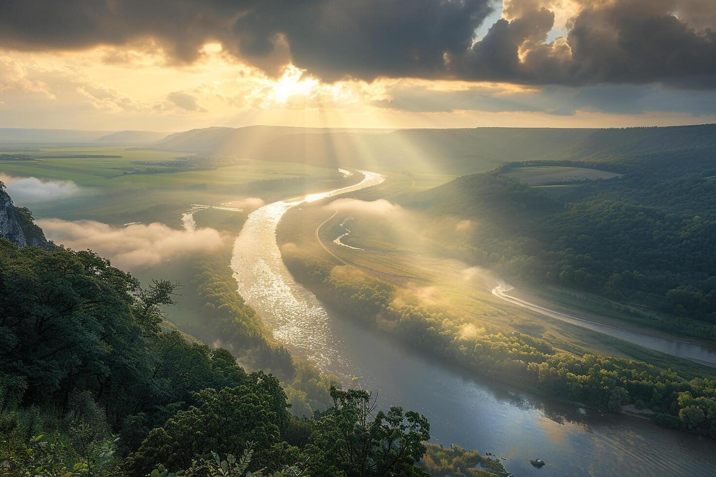 Inspiring Sunlight Breaking Through Clouds Over River in Valley nature background Panorama photo