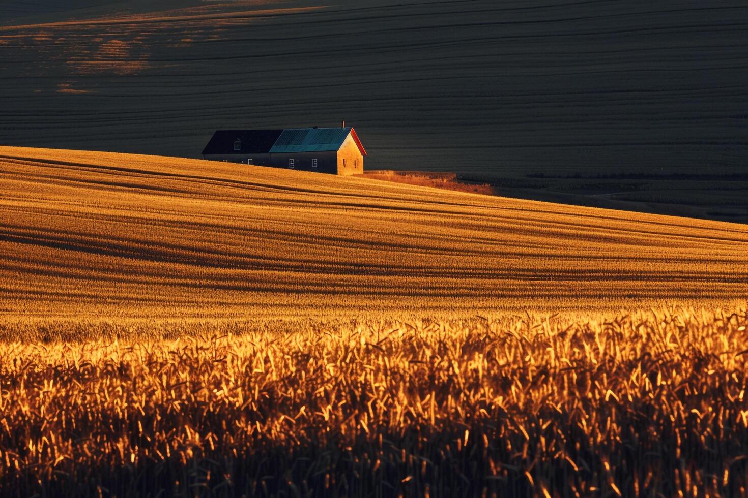 Golden Wheat Field at Sunset with Long Shadows and Farmhouse Inspiring Background Nature photo