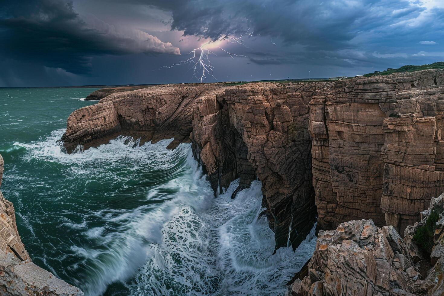 Panoramic Coastal Cliff with Dramatic Rock Formations and Crashing Waves Under Stormy Sky with Lightning Inspiring nature background photo