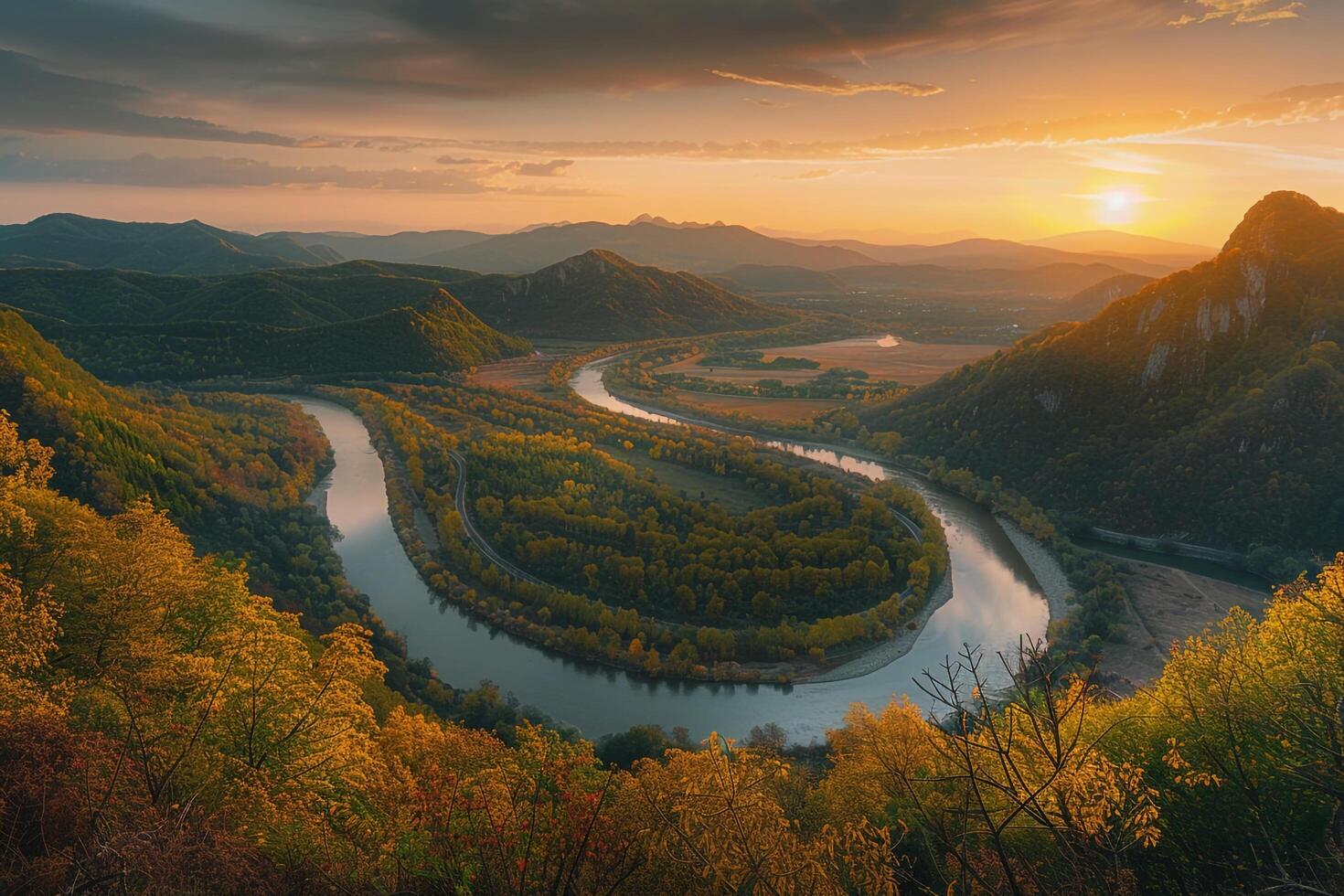 Inspiring Panoramic of Lush Green Valley with River Winding Through Surrounded by Colorful Autumn Trees and Distant Mountains Under Golden Sunset Sky nature background photo