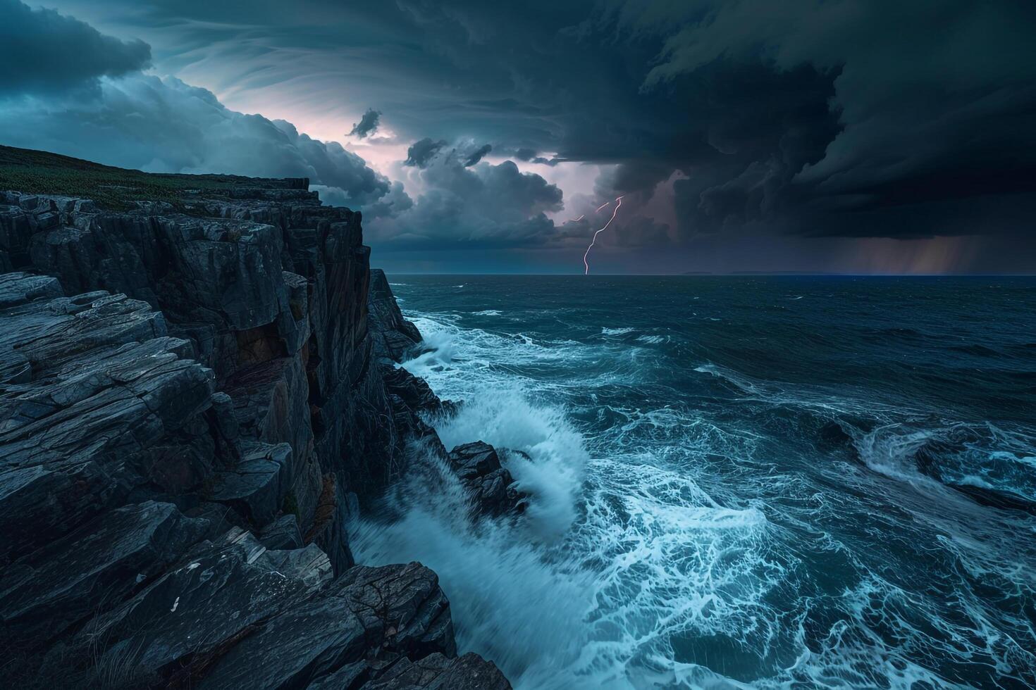 Majestic Coastal Cliff with Dramatic Rock Formations Under Stormy Sky  nature background photo