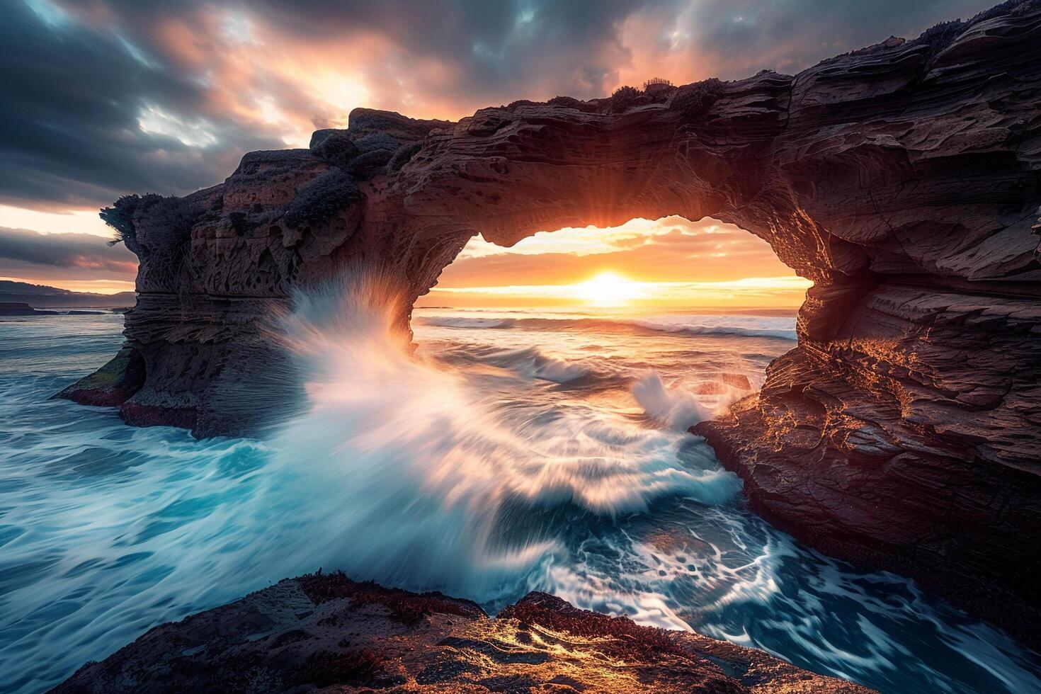Majestic Coastal Arch with Waves Crashing Under Vibrant Sunset Sky  nature background photo