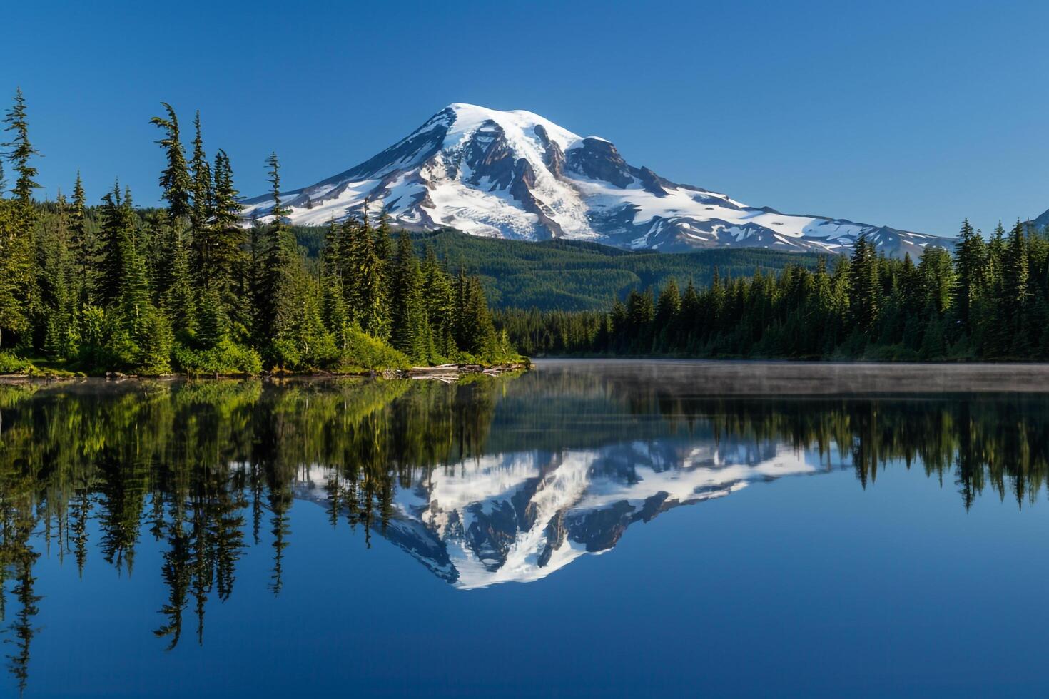 Majestic SnowCovered Mountain Peak Reflecting in Crystal Clear Alpine Lake Surrounded by Pine Forests  nature background photo