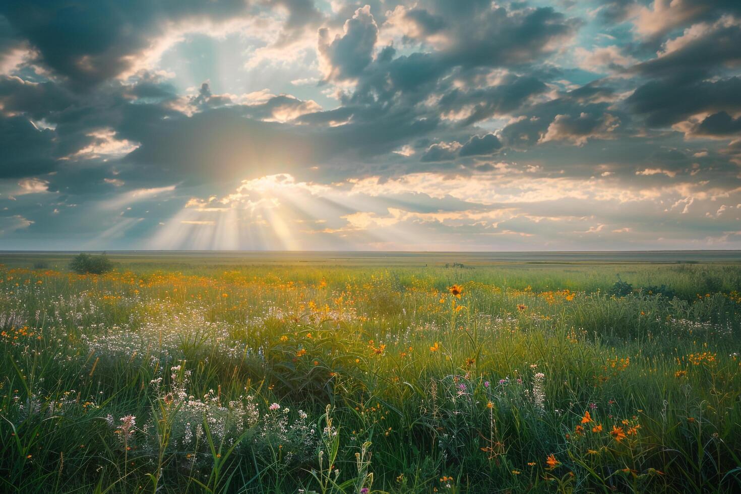 Majestic Sunlight Breaking Through Clouds Over Vast Prairie with Wildflowers   nature background photo