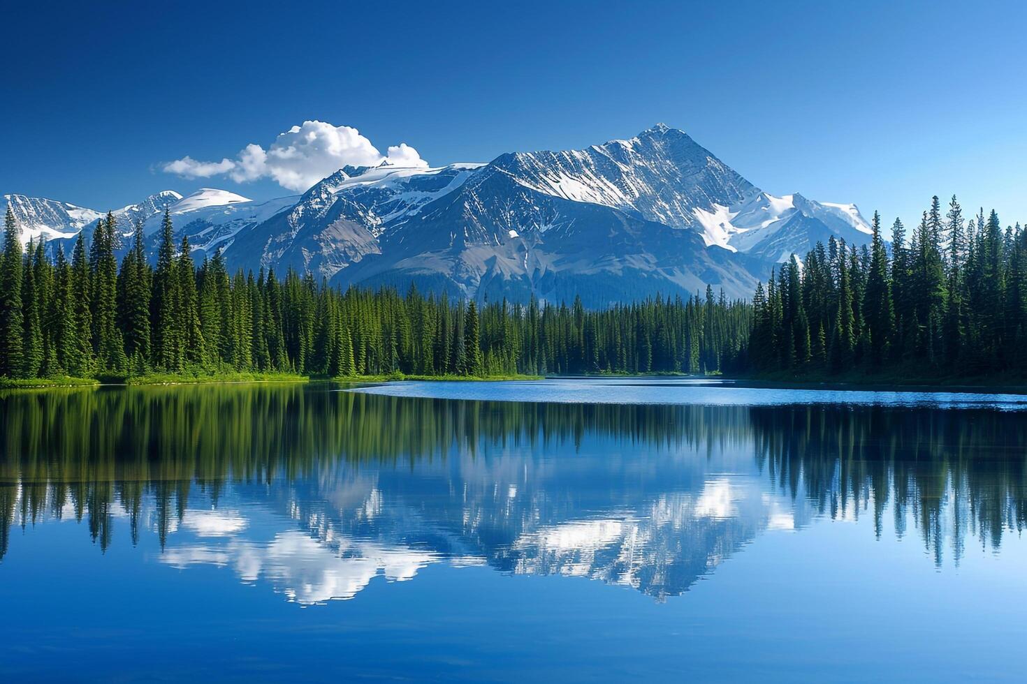 Majestic Snow Covered Mountain Peak Reflecting in Crystal Clear Alpine Lake Surrounded by Pine Forests   nature background photo