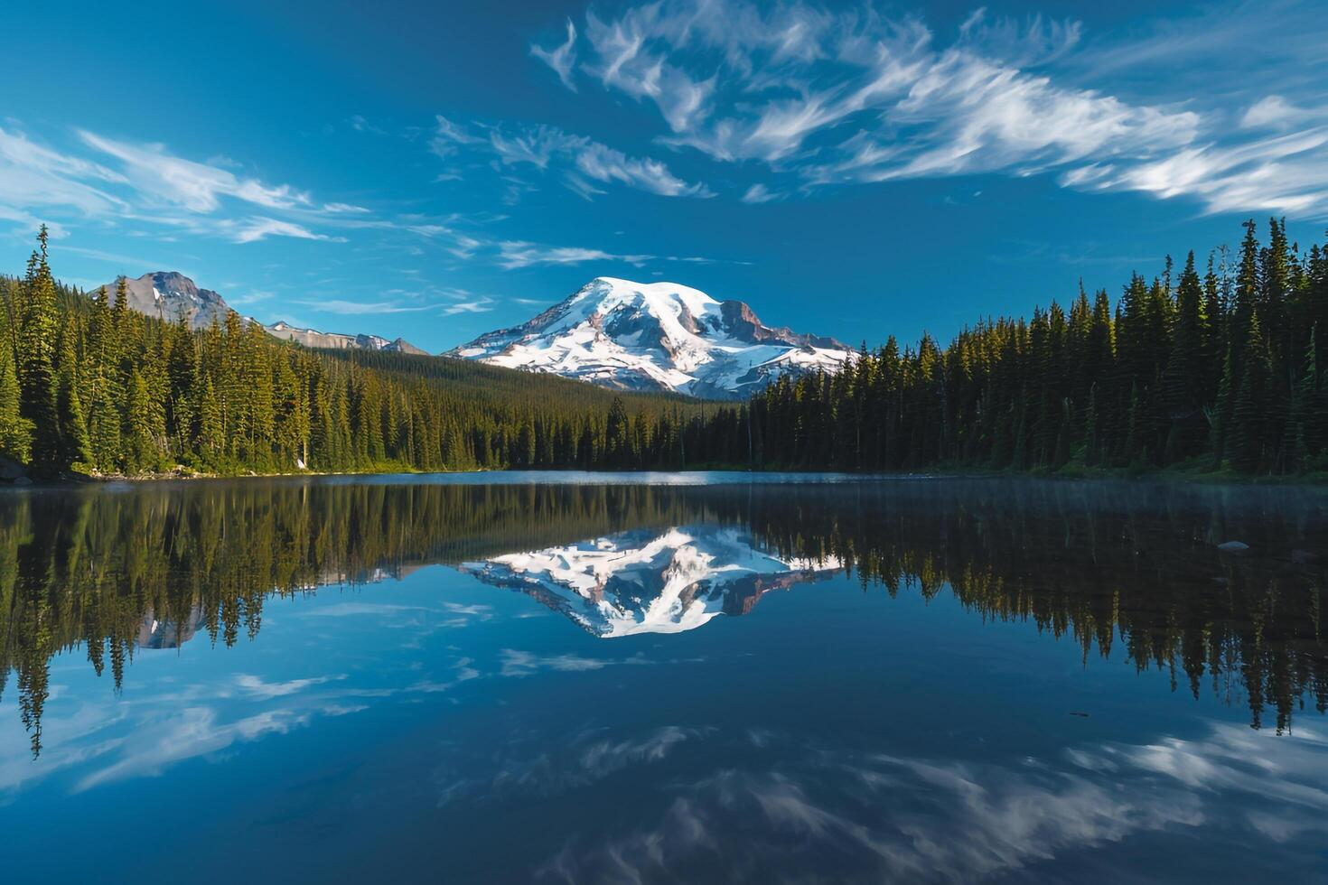 Majestic Snow Covered Mountain Peak Reflecting in Crystal Clear Alpine Lake Surrounded by Pine Forests   nature background photo