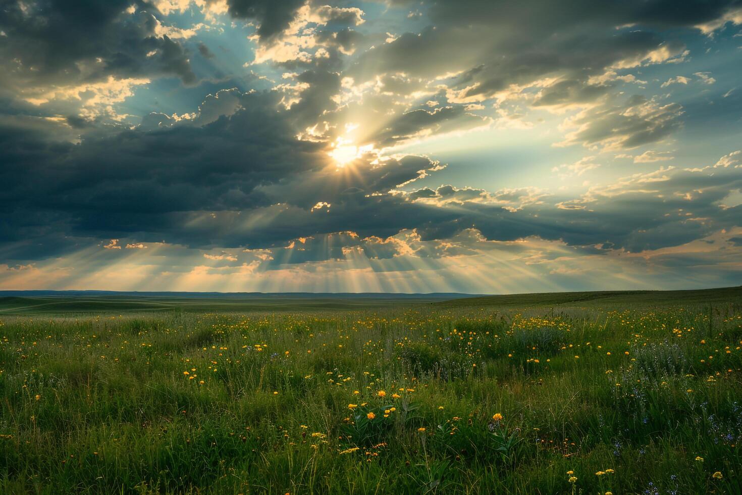 Majestic Sunlight Breaking Through Clouds Over Vast Prairie with Wildflowers   nature background photo