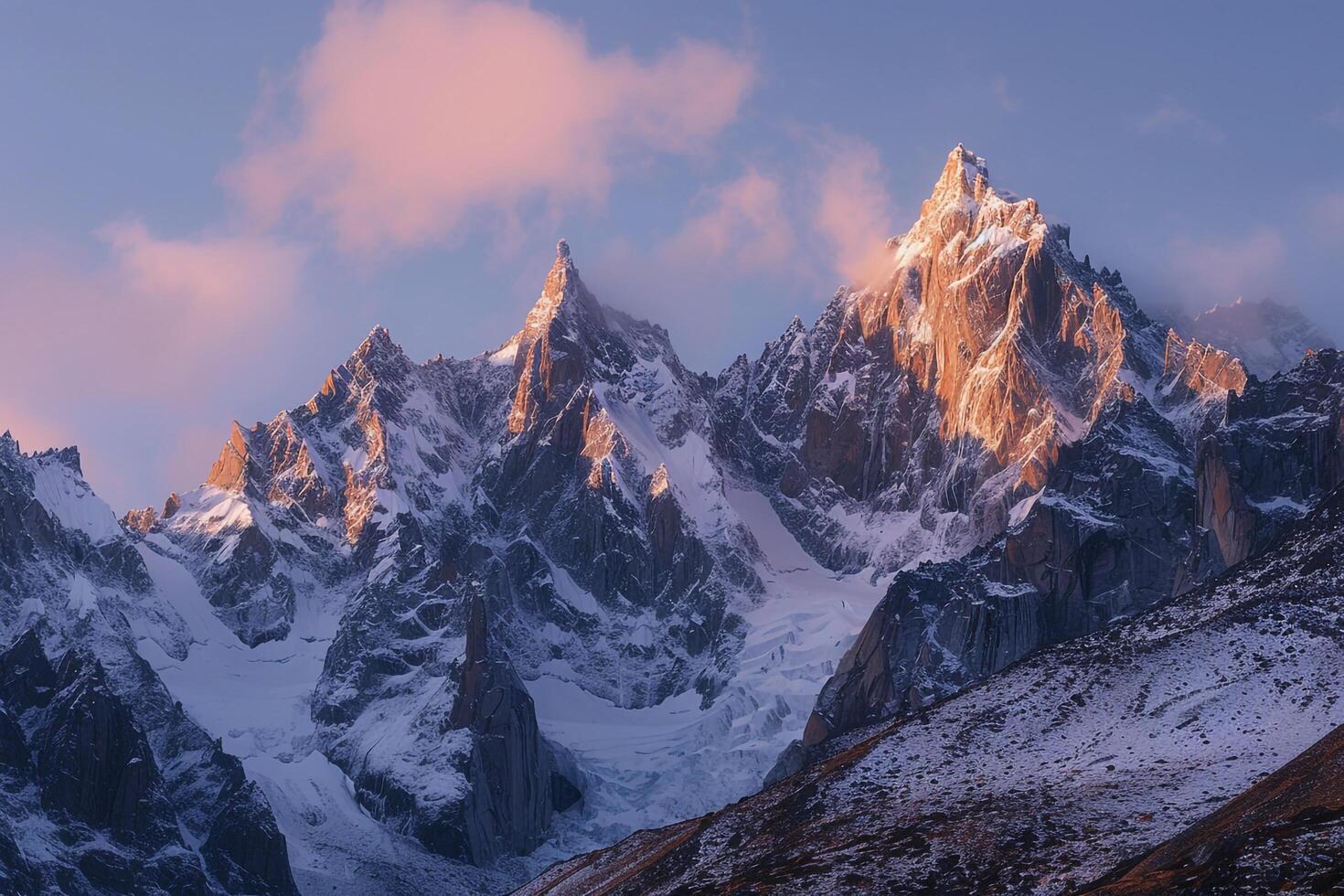 Majestic Mountain Range with Jagged Peaks and Glaciers Illuminated by Sunrise Glow   nature background photo