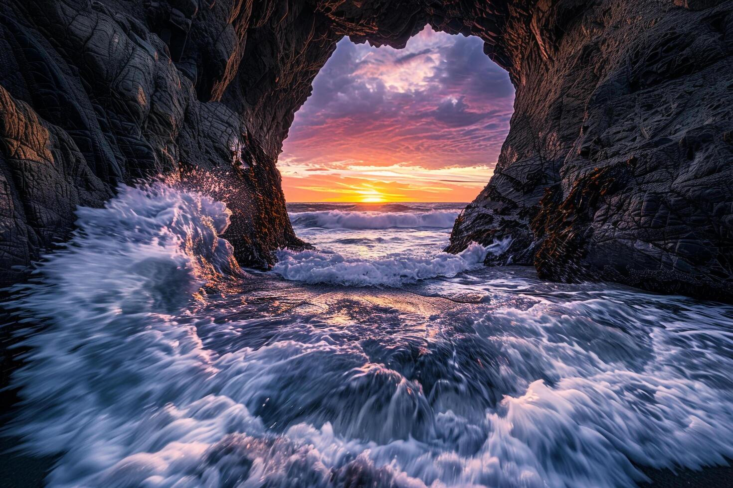 Majestic Coastal Arch with Waves Crashing Through It Under Vibrant Sunset Sky   nature background photo