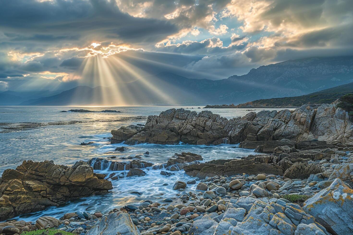 Majestic Sunlight Breaking Through Clouds Over Rocky Coastline   nature background photo