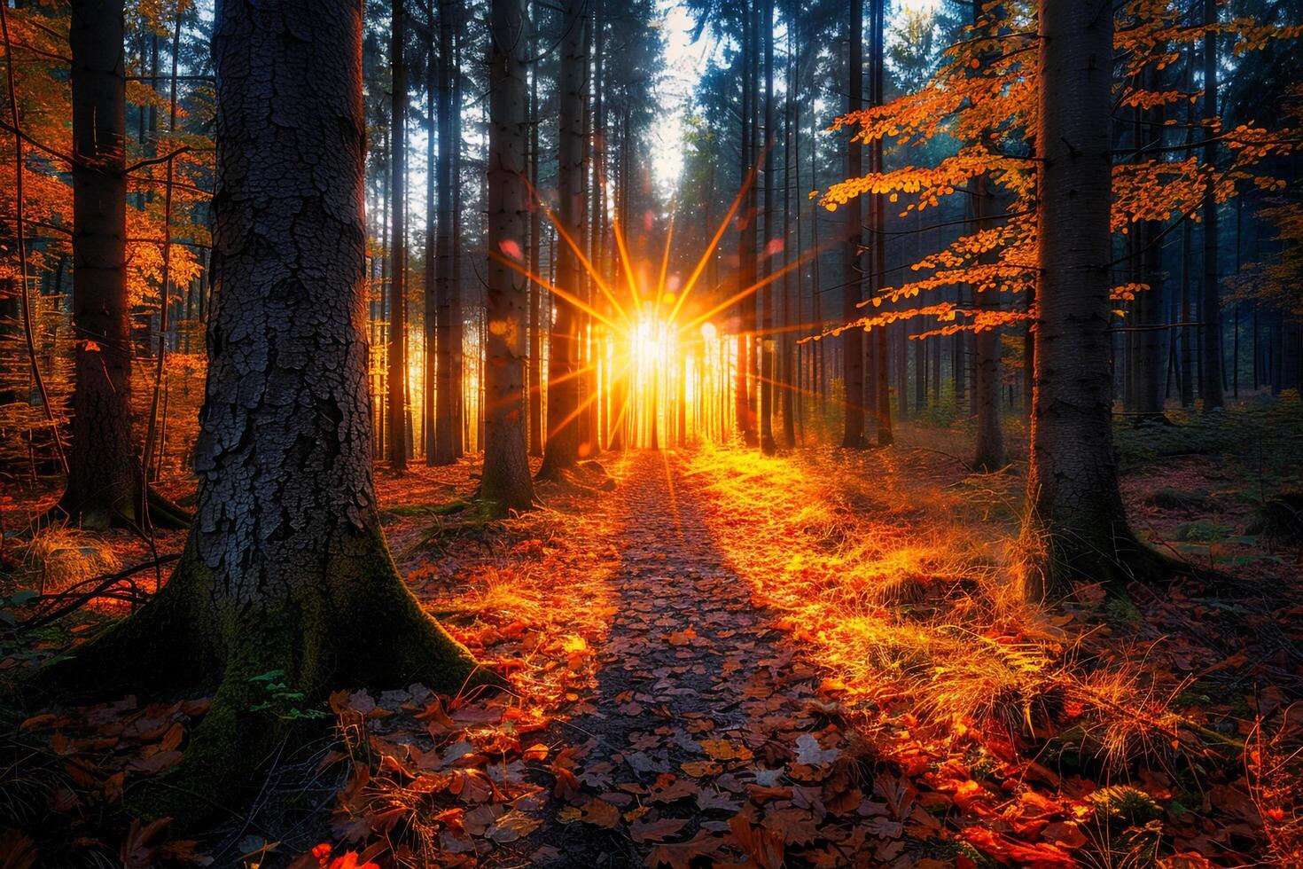 Majestic Sunlight Illuminating Colorful Autumn Forest with Vibrant Foliage   nature background photo