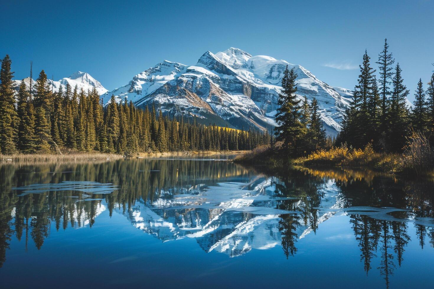 Majestic Snow Covered Mountain Peak Reflecting in Crystal Clear Alpine Lake Surrounded by Pine Forests   nature background photo