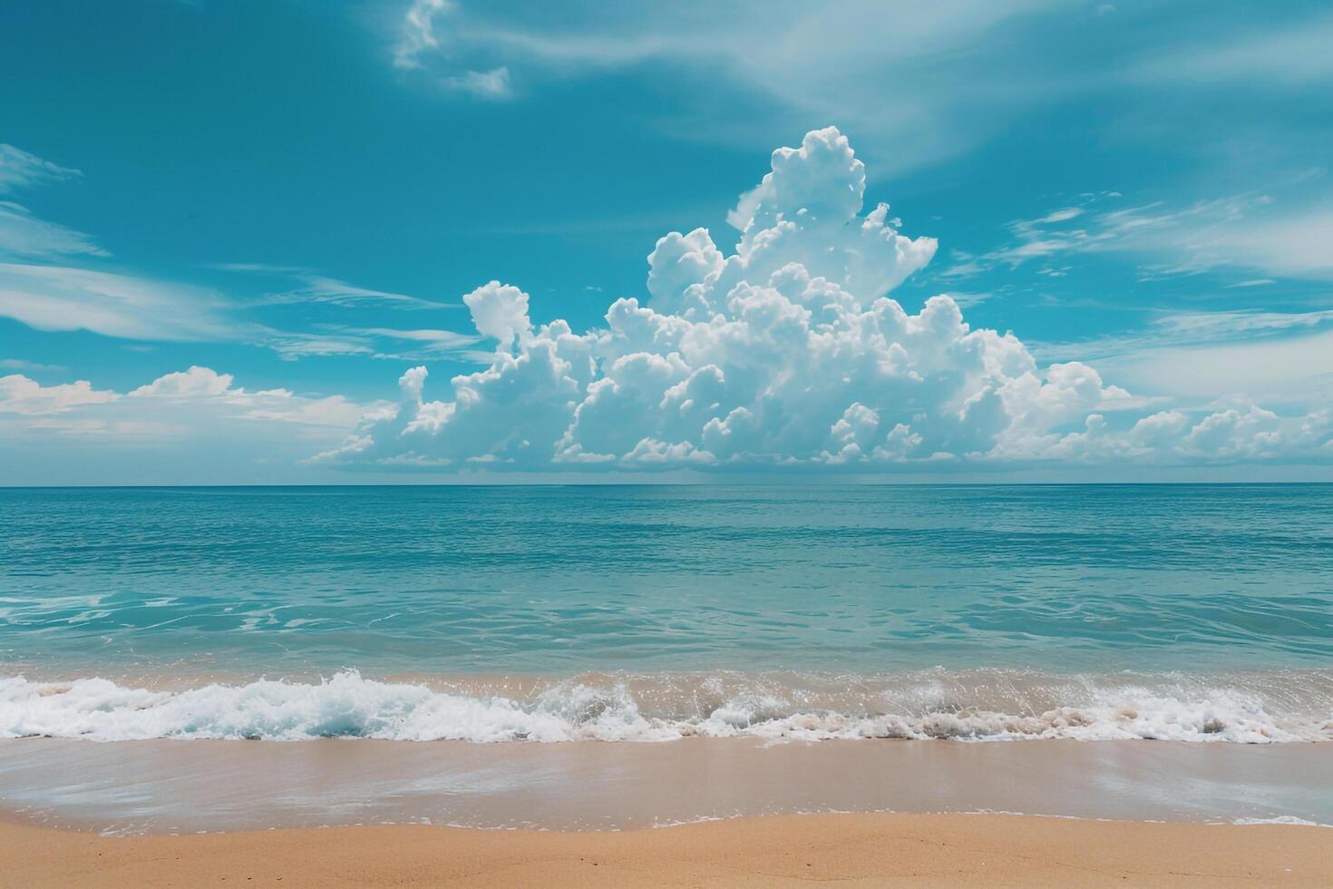 Stunning Golden Sand Beach with Turquoise Waters Beneath a Clear Blue Sky and Fluffy Clouds   nature background photo
