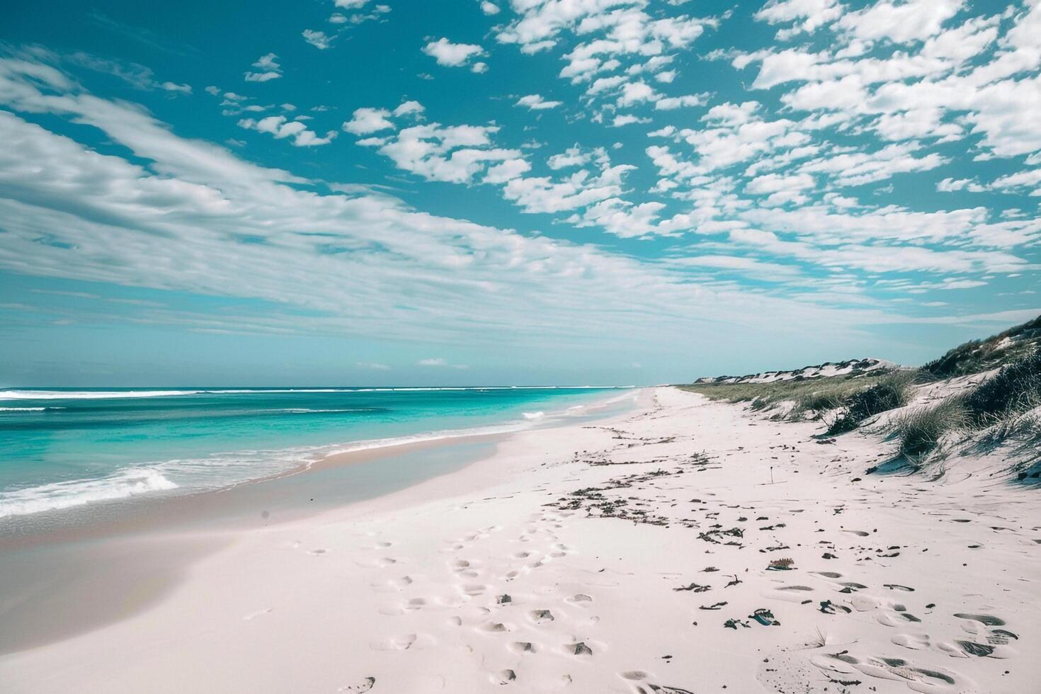 Scenic Beach  with Powdery White Sand and Turquoise Waters Under Clear Sky with Scattered Clouds   nature background photo