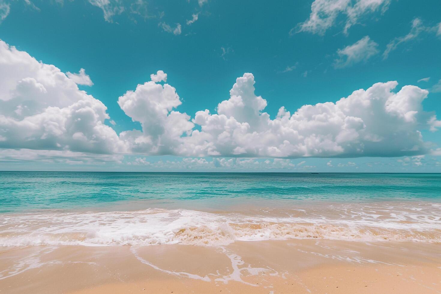 Beautiful Beach with Golden Sand and Turquoise Waters Under Clear Blue Sky with Fluffy White Clouds   nature background photo