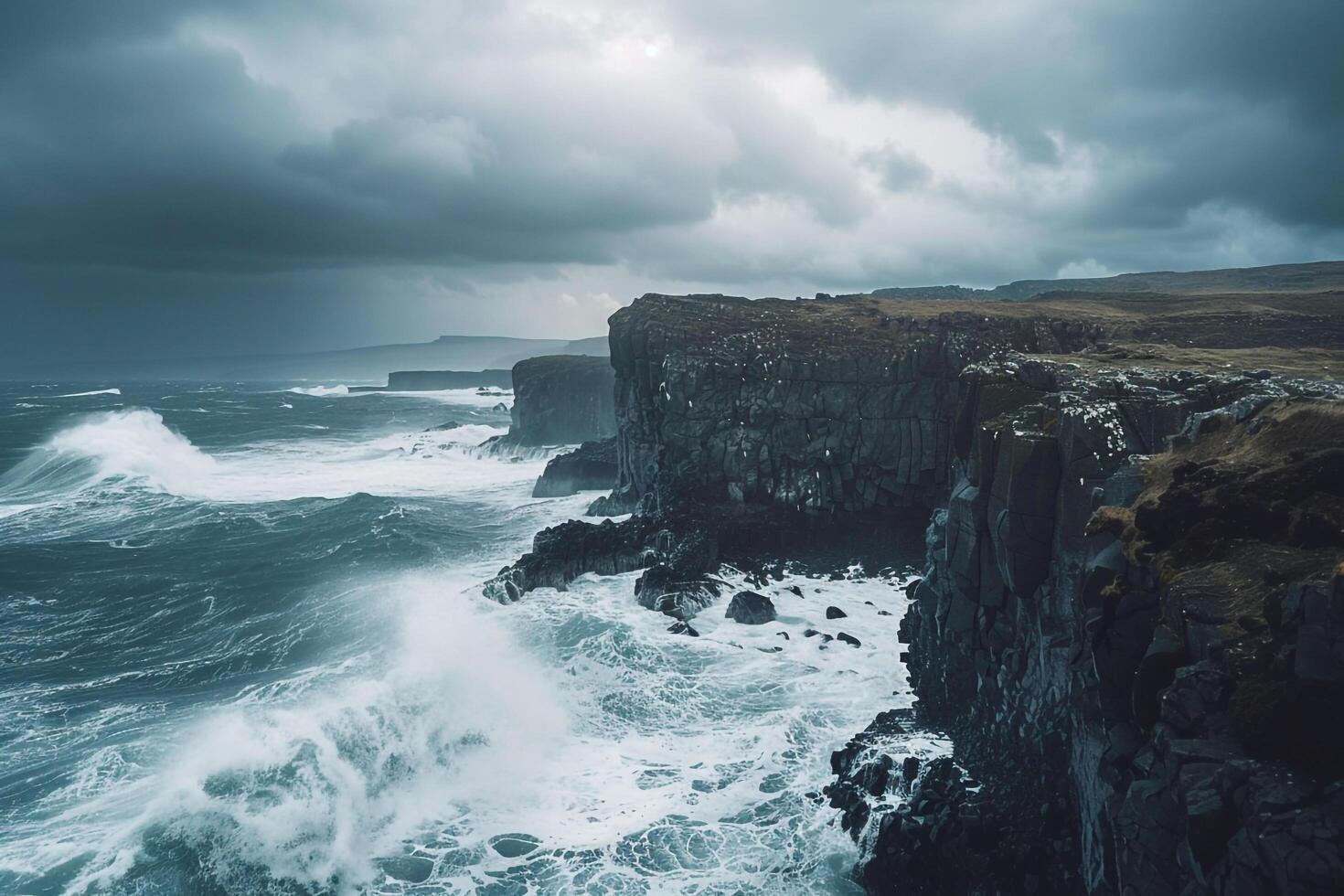 Rugged Island Cliffs and Crashing Waves Under Stormy Sky   nature background photo