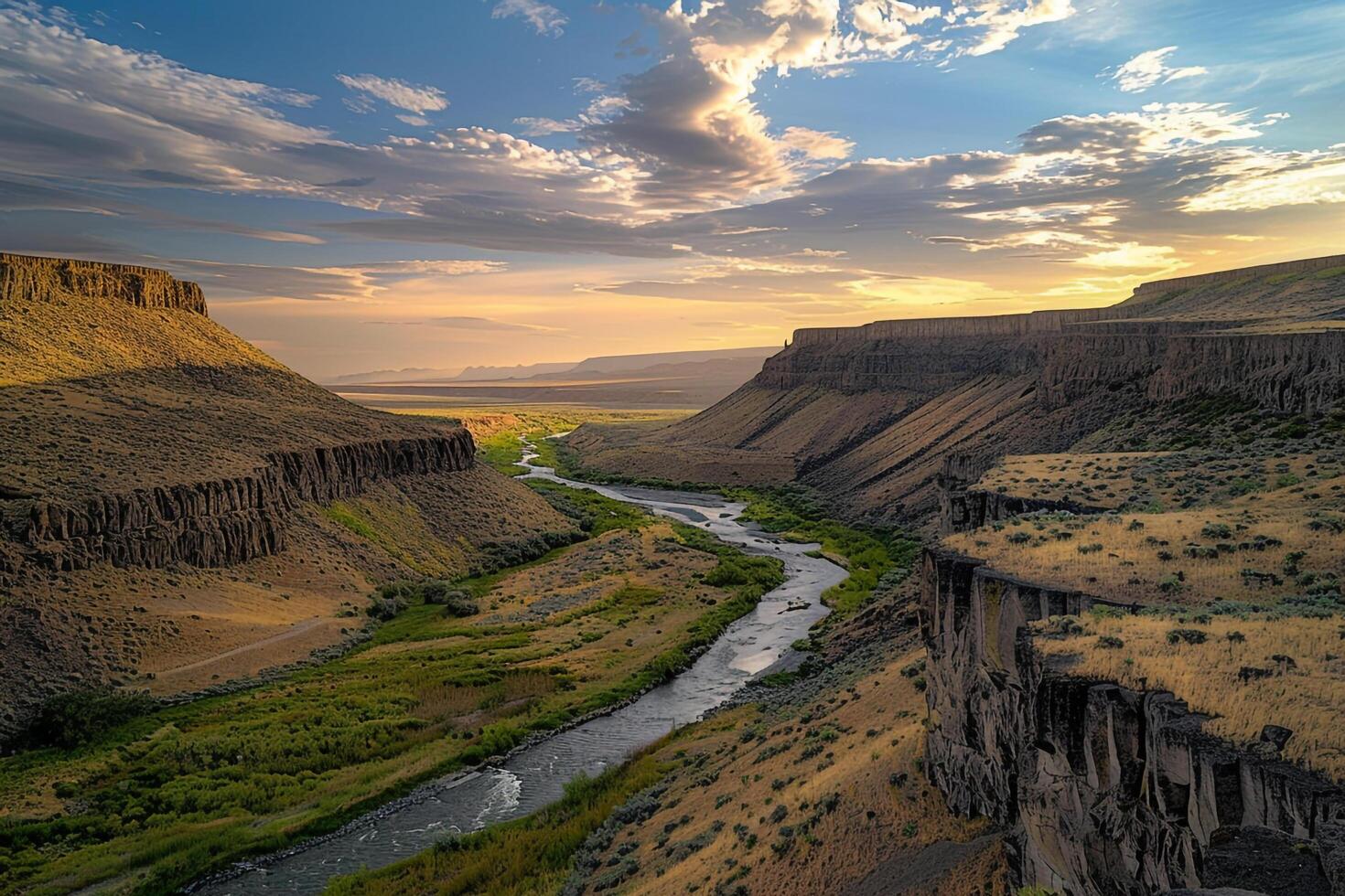 Rugged Canyon Walls and Winding River Under Dramatic Sky   nature background photo