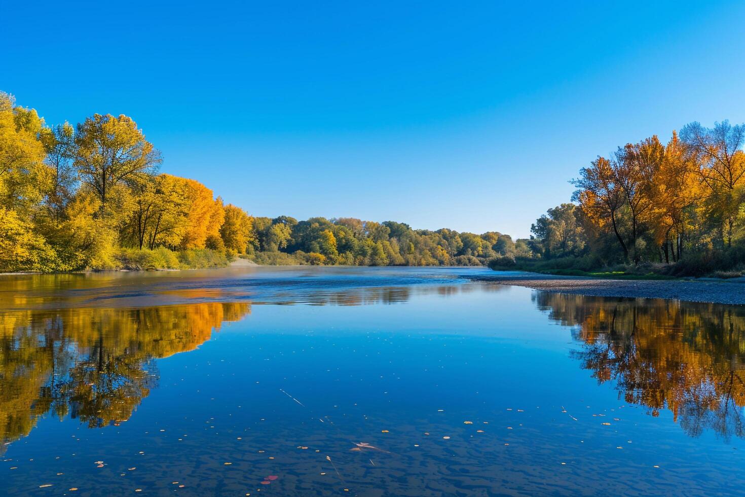 Tranquil River Bend with Reflections of Colorful Autumn Foliage and Clear Blue Sky   nature background photo