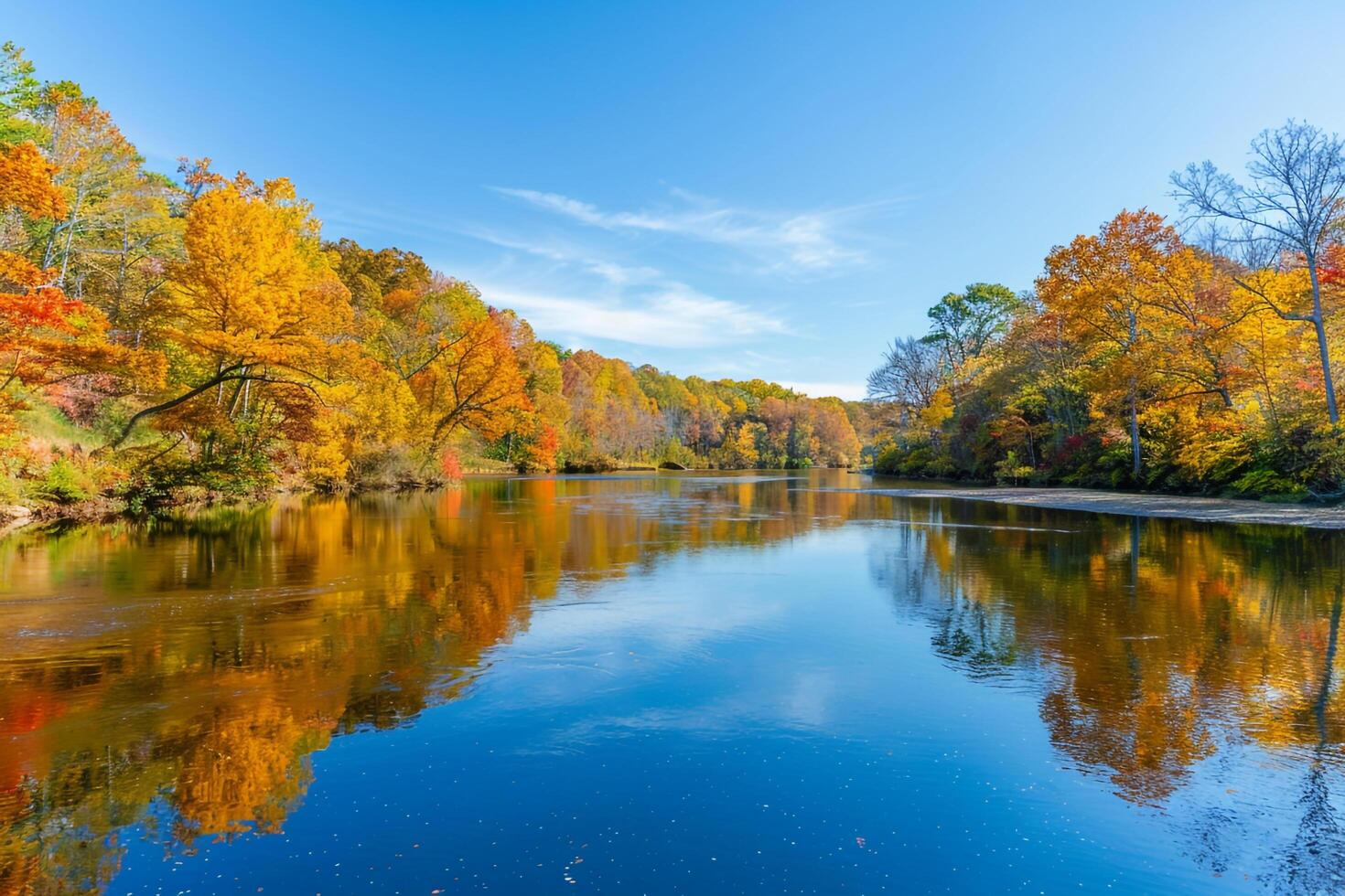 Peaceful River Bend with Autumn Foliage Reflections and Clear Blue Sky   nature background photo
