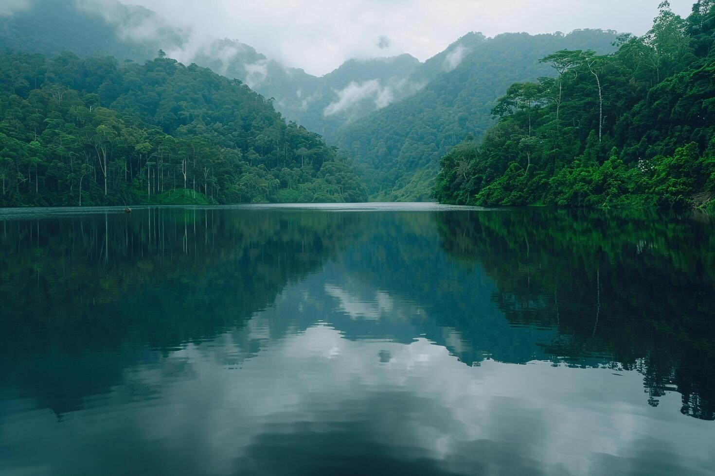 Tranquil Lake Surrounded by Green Forest with Reflections of Trees and Mountains   nature background photo