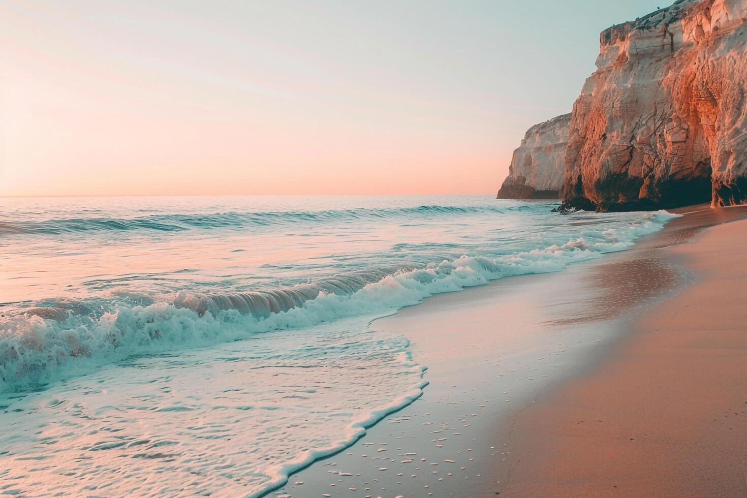 Gentle Waves and Sandy Beach Framed by Rocky Cliffs with Pastel Sunset Sky nature background photo