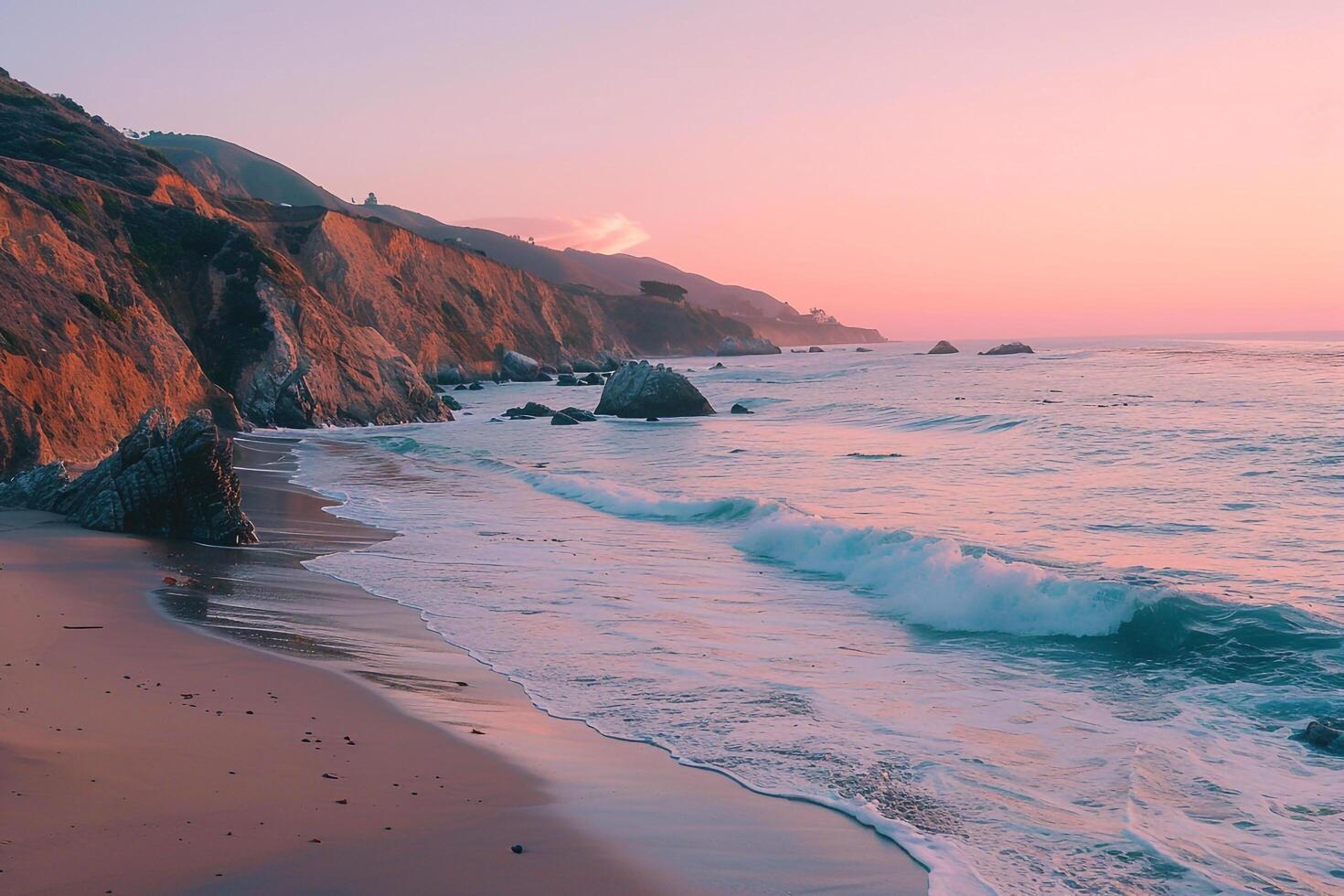 Coastal with Sandy Beach Gentle Waves and Rocky Cliffs Against a Pastel Sunset nature background photo