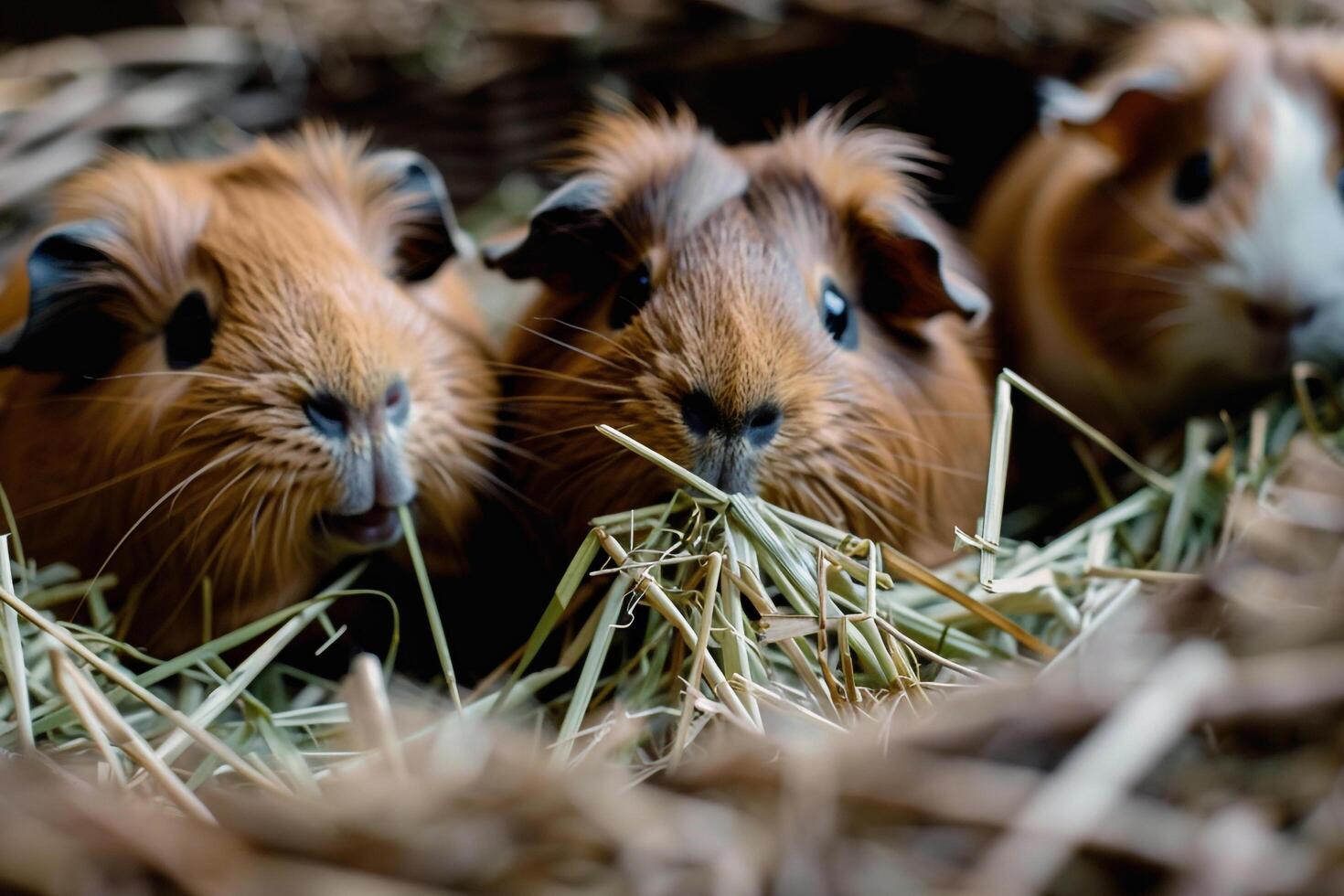 Content Guineapigs Enjoying Hay Buffet in Shelter Enclosure Afternoon Joy photo