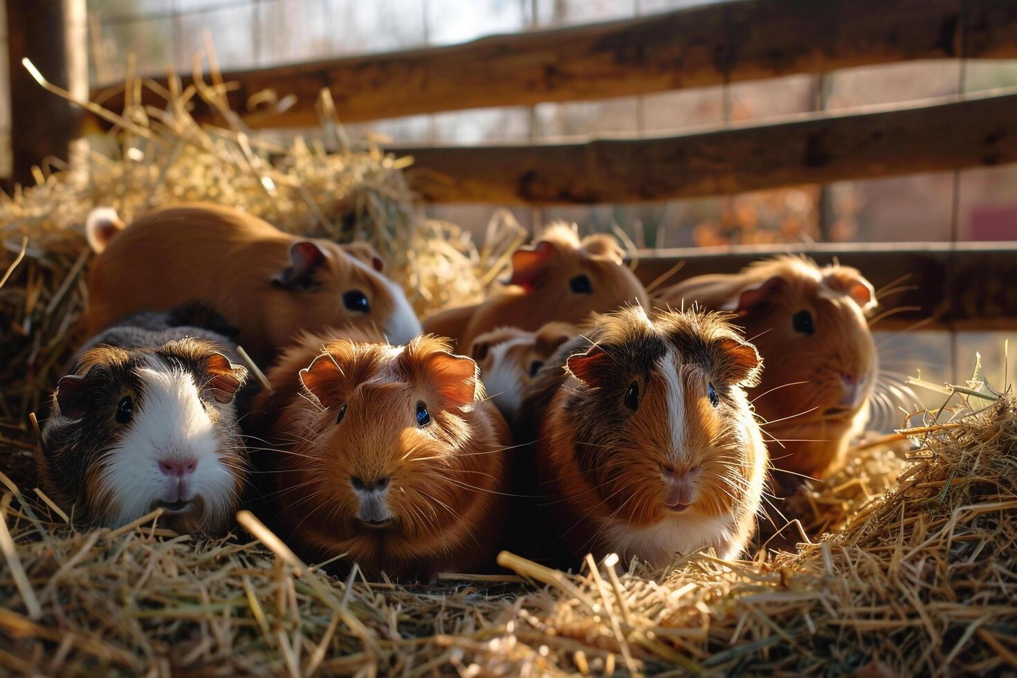 Delightful Guineapigs Enjoying Hay Buffet in Shelter Enclosure Munching Contentedly photo