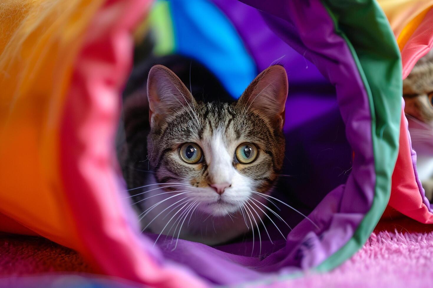 Shelter Cats Playing Hide and Seek in Colorful Playroom Joyful Antics with Toys photo