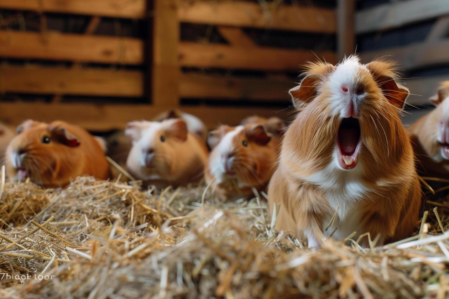 Excited Shelter Guineapigs with nature background During Hay Time photo