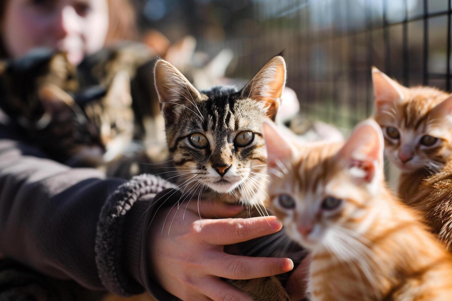 Uplifting Volunteer with nature background Organizing Enrichment Activity for Shelter Cats photo