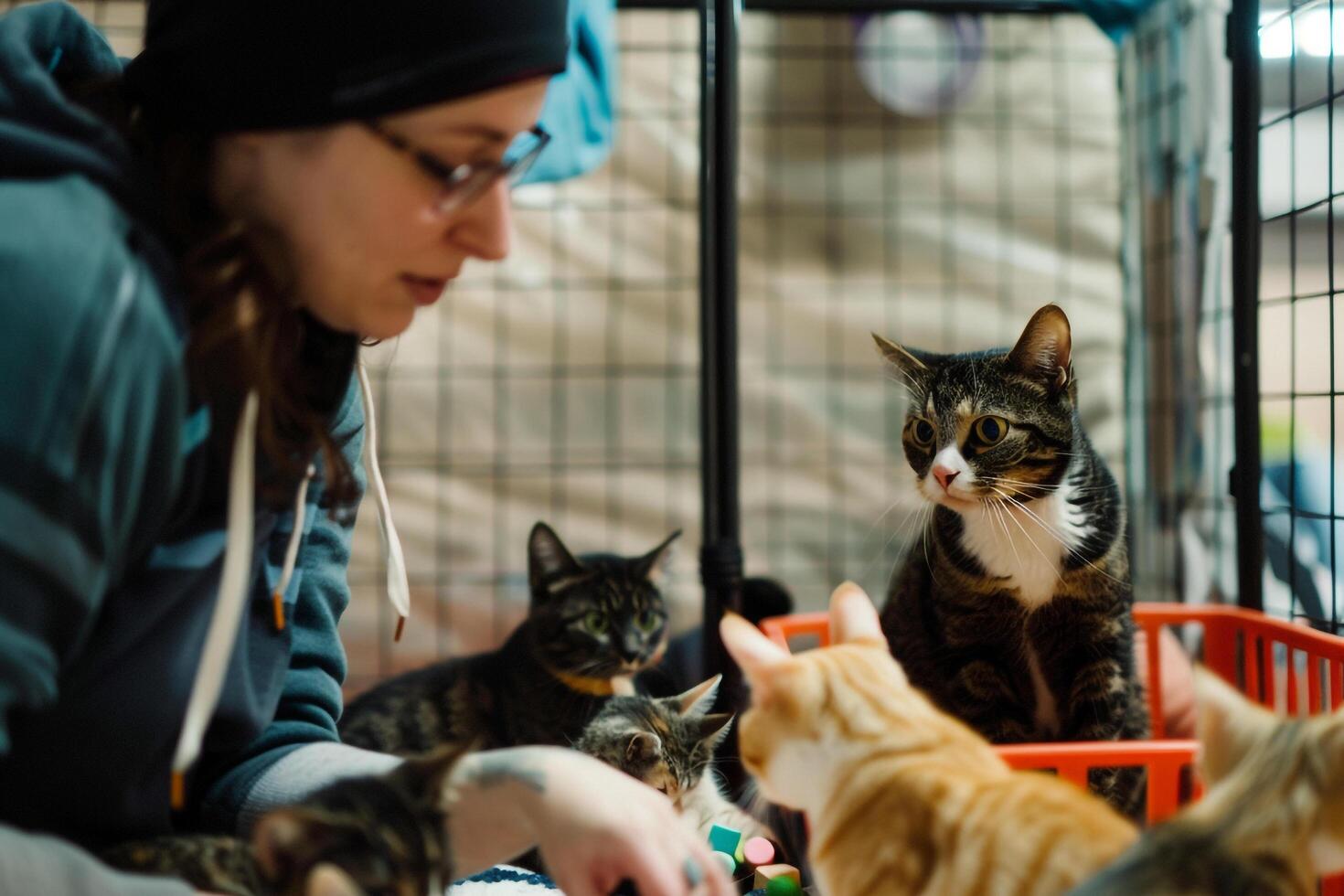 Uplifting Volunteer with nature background Organizing Enrichment Activity for Shelter Cats photo