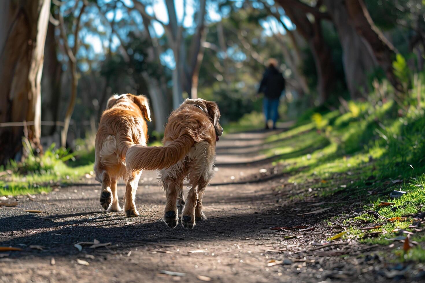 Uplifting Elderly Dogs Enjoying Leisurely Walk with Volunteer Through Scenic Park photo
