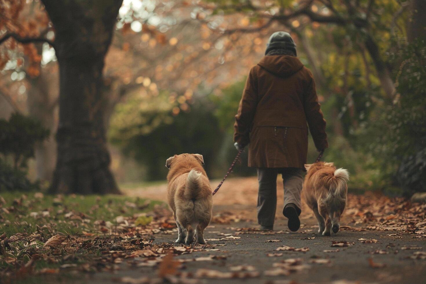 Uplifting Elderly Dogs Enjoying Leisurely Walk with Volunteer Through Scenic Park photo