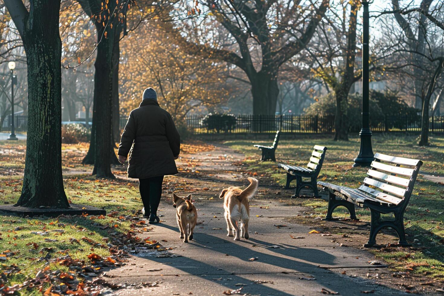 Uplifting Elderly Dogs Enjoying Leisurely Walk with Volunteer Through Scenic Park photo