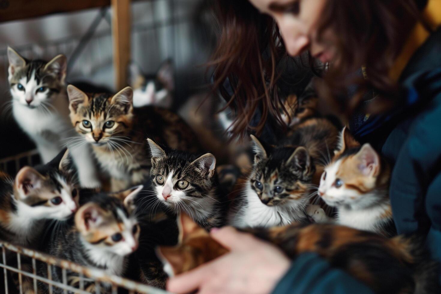 Uplifting Volunteer Reading Aloud to Group of Shelter Cats Their Curious Faces and Purrs Indicating Comfort and Engagement Background Included photo