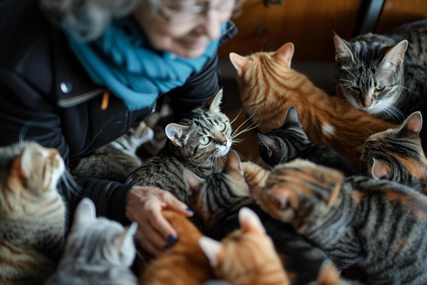 Uplifting Volunteer Playing Hide and Seek with Shelter Cats Using Interactive Toys Laughter and Purrs Filling the Room Background Included photo