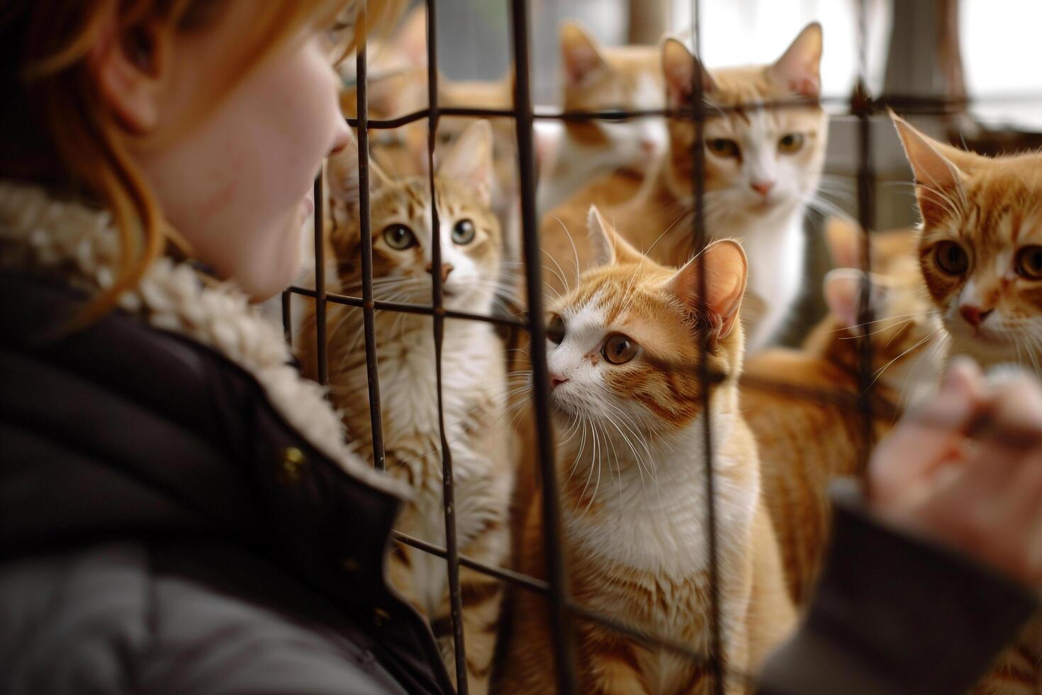 Uplifting Volunteer Reading Aloud to Group of Shelter Cats Their Curious Faces and Purrs Indicating Comfort and Engagement Background Included photo