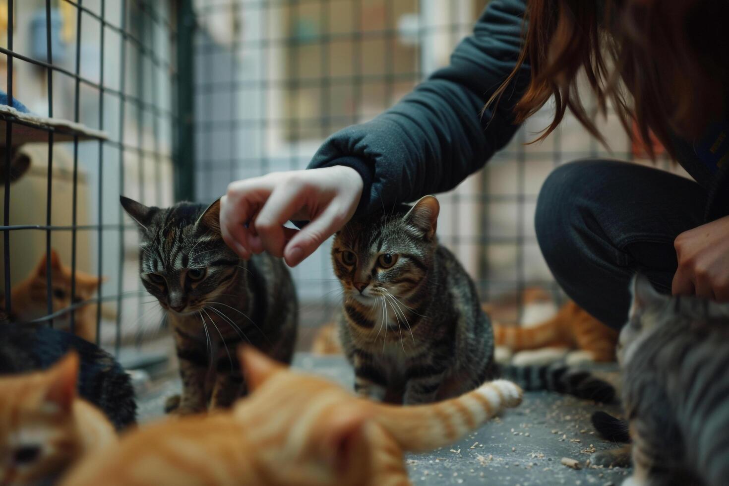 Uplifting Volunteer Playing Hide and Seek with Shelter Cats Using Interactive Toys Laughter and Purrs Filling the Room Background Included photo