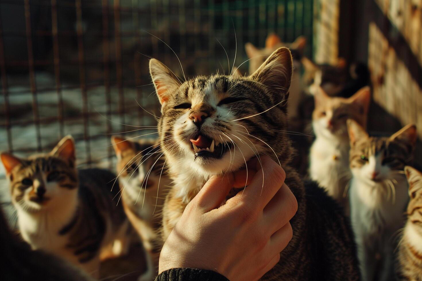 Uplifting Volunteer Brushing Group of Shelter Cats Their Purrs and Relaxed Expressions Indicating Enjoyment and Trust Background Included photo